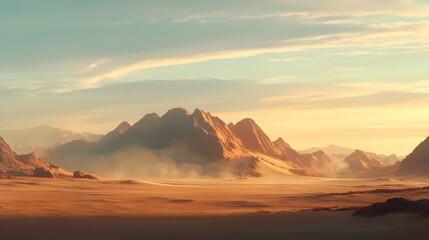 Naklejka premium Majestic Desert Landscape with Dramatic Mountain Silhouettes at Sunset