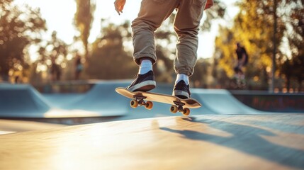 A skateboarder performing a trick in a park during sunset.