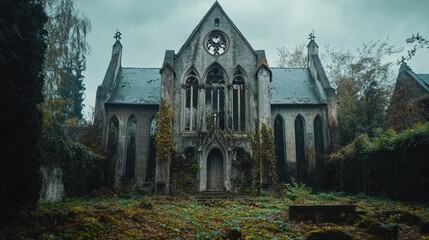 Fototapeta premium An eerie, abandoned church surrounded by overgrown vegetation and a gloomy atmosphere.