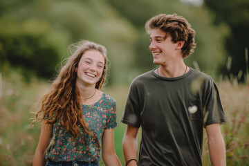 Obraz premium A young man and woman are smiling and holding hands in a field