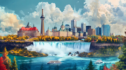 Canada day background with a collage of canadian landmarks such as niagara falls and parliament hill. Niagara Falls. Illustration