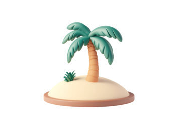Minimalistic Cartoon Tropical Beach with Palm Tree Illustration | Isolated on Transparent & White Background | PNG File with Transparency