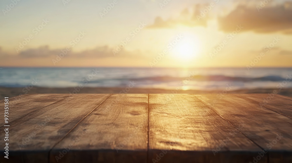 Sticker A serene sunset over the ocean viewed from a wooden table.