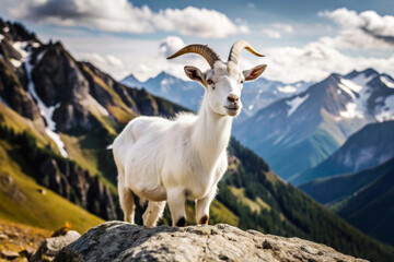 Naklejka premium A White Goat Standing on a Rocky Mountain Ridge