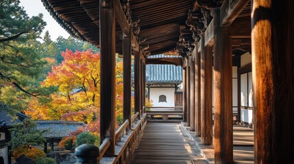 Serene wooden walkway in a tranquil garden with vibrant autumn foliage.