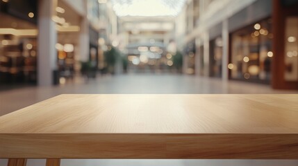 Fototapeta premium A wooden table in a spacious, modern shopping mall with blurred background details.