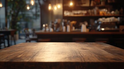 A rustic wooden table in a cozy caf&eacute; setting with warm lighting and a blurred background.