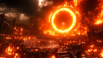A fiery scene with a glowing ring of fire symbolizes the apocalypse Skies are dark flames consume the landscape destruction reigns signifying the end times