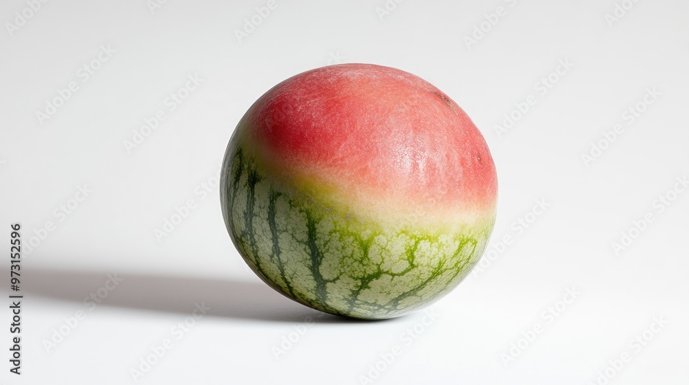 Wall mural A round watermelon showcasing its red interior and green rind against a plain background.