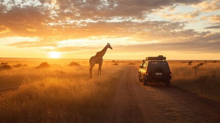 Giraffe Encounter at Sunset on Safari