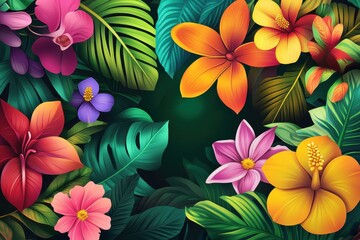 Vibrant Tropical Flowers and Lush Green Foliage