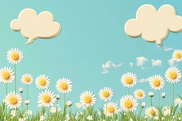 White Daisies with Gold-Rimmed Clouds in a Blue Sky
