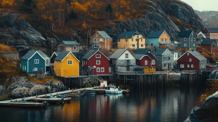 Fototapeta premium Scenic harbor with colorful houses on stilts beside calm water and rocky hills.