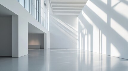 Obraz premium A spacious, minimalist gallery with large windows casting shadows on the floor.