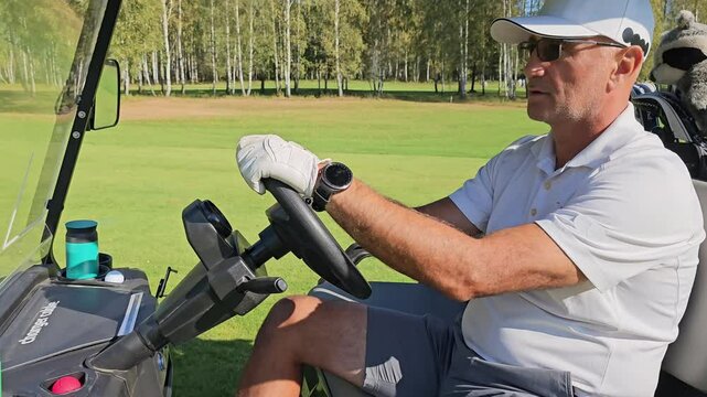 Golfing experience at a scenic course with a focus on a golfer in a cart during a sunny day