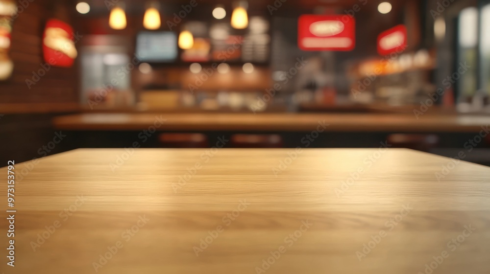 Canvas Prints A blurred view of a wooden table in a restaurant setting with soft lighting and decor.