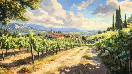 Fototapeta premium Scenic Vineyard Landscape Under a Blue Sky