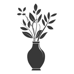 A Simple Black Silhouette of a Vase with Leafy Plants Inside