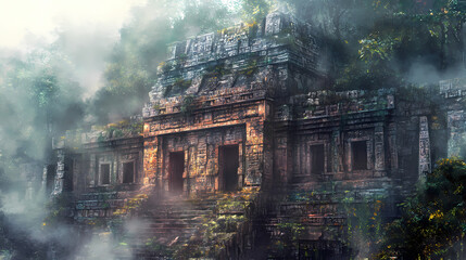 Fototapeta premium CartMystical printable mural of an ancient mayan temple shrouded in mist perfect for embellishing the wall of a historical museum transporting visitors to a bygone era. Mayan Temple. Illustration