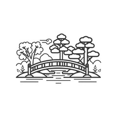 A Simple Line Drawing of a Bridge Over a Stream With Trees