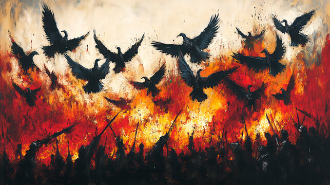 Fiery sky erupts as birds flee hinting at apocalypse and the turmoil of Armageddon and Judgment Day