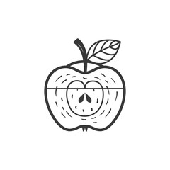 A simple line drawing of a halved apple with a leaf