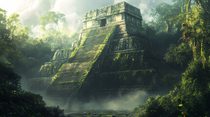 Fototapeta premium CartMystical printable mural of an ancient mayan temple shrouded in mist perfect for embellishing the wall of a historical museum transporting visitors to a bygone era. Mayan Temple. Illustration
