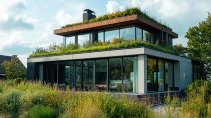 Modern house with a green roof surrounded by lush vegetation.