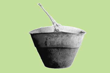 Close up of dirty cement bucket pixelate grayscale color halftone dotted texture style collage element isolated on green background