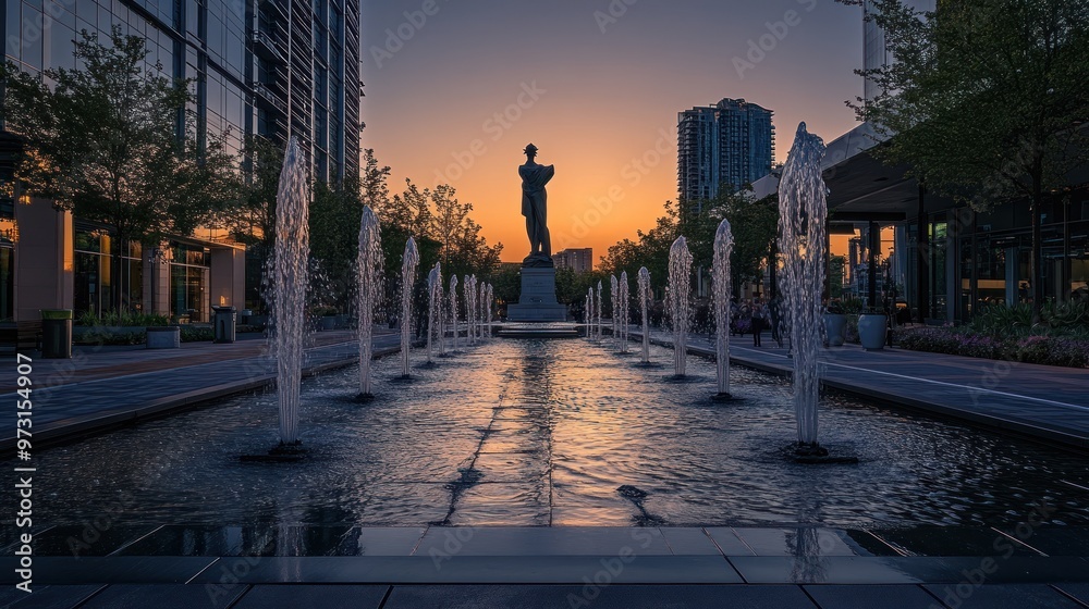 Poster A serene urban scene featuring a statue at sunset, surrounded by water fountains.