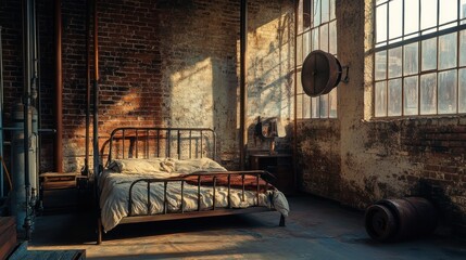 A rustic bedroom with a vintage bed in an industrial-style space.