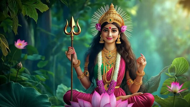 Goddess Seated on a Lotus in a Lush Forest, Symbolizing Purity, Power, and Spiritual Energy