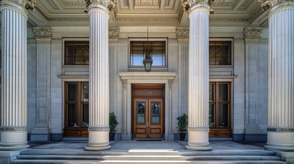Fototapeta premium Elegant entrance with tall columns and wooden doors, showcasing classical architecture.