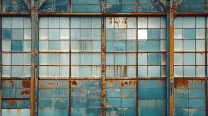 A weathered industrial building facade with blue panels and rusted metal frames.