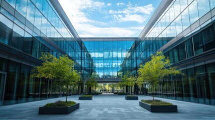 Modern glass buildings with greenery in a tranquil urban setting.