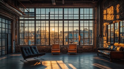 A stylish industrial loft with large windows, showcasing a sunset view and modern furniture.