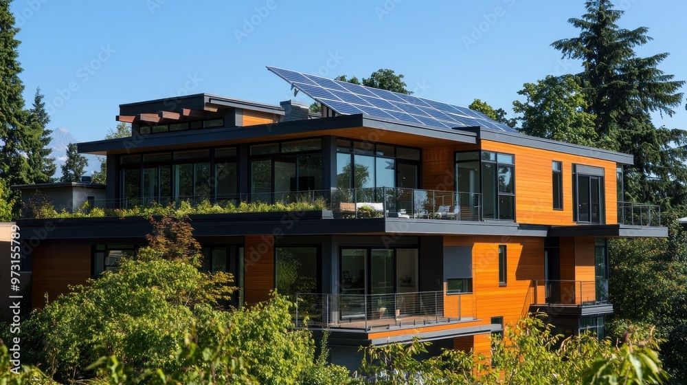 Canvas Prints Modern house with solar panels and large windows surrounded by greenery.