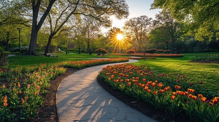 A serene park scene with a winding path and vibrant tulips under a sunset.
