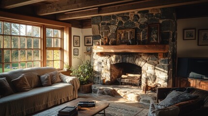 Cozy living room with a stone fireplace, inviting natural light, and comfortable furnishings.