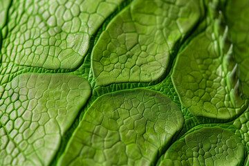 A close up of a green leaf with a pattern of scales
