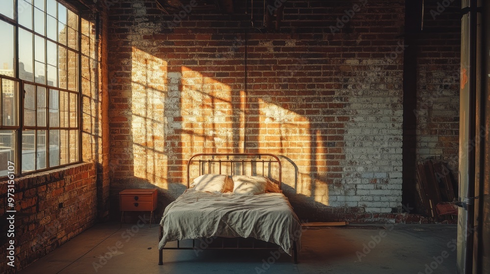 Canvas Prints A cozy bedroom with a bed and warm sunlight streaming through large windows.