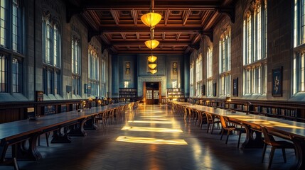 Fototapeta premium A spacious library with wooden tables, large windows, and warm lighting for study and reading.