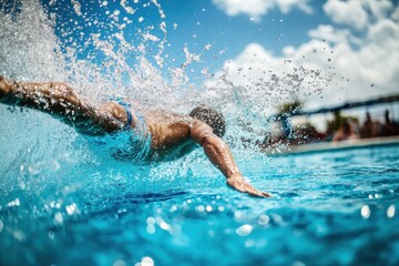 A swimmer diving into a pool, creating splashes in a vibrant blue water setting.