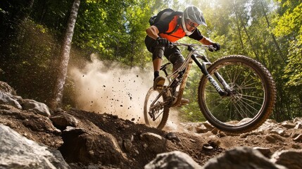 Naklejka premium A mountain biker navigates rocky terrain, kicking up dust in a vibrant forest setting.