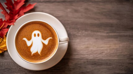 A spooky ghost latte art design on a cup of coffee, perfect for Halloween.