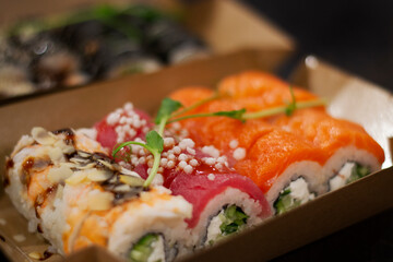 Sushi food delivery in the cartoon plate. With ingredients such as salmon, red tuna and shrimp