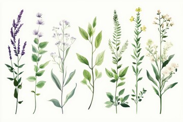Watercolor Illustration of Seven Different Wildflowers with Green Foliage