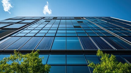 Modern building facade with solar panels and greenery under a clear blue sky.