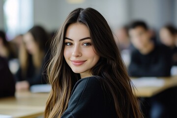 Fototapeta premium A student with long brown hair relaxes in class, smiling while seated at a wooden desk during a lesson in a lively classroom