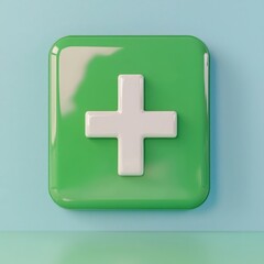 Obraz premium A glossy green plus sign icon on a soft blue background, symbolizing addition, health, or positive action.